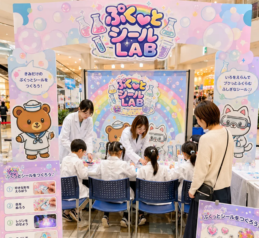 ショッピングモール催事に設置したワークショップ型集客装置「ぷくっとシールLAB」のブース全景。白衣を着た子どもたちがシールづくりを体験中