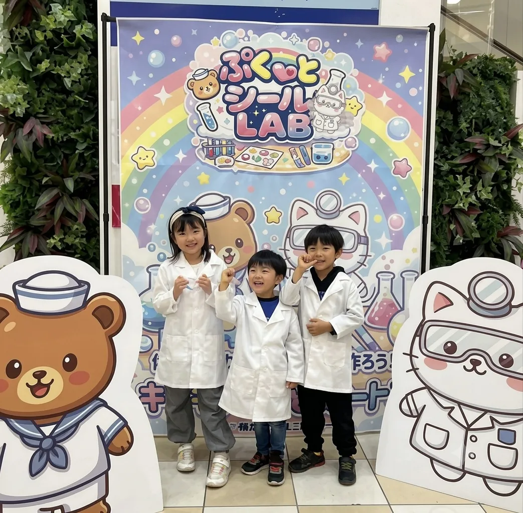 白衣を着た子どもたちがぷくっとシールLABのフォトスポットパネルの前で記念撮影