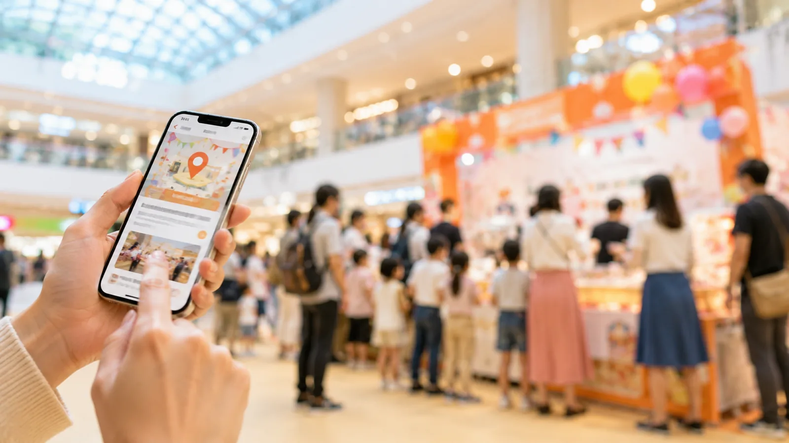 スマートフォンでイベント告知を見る手元と、背景に賑わうショッピングモールのイベントブース