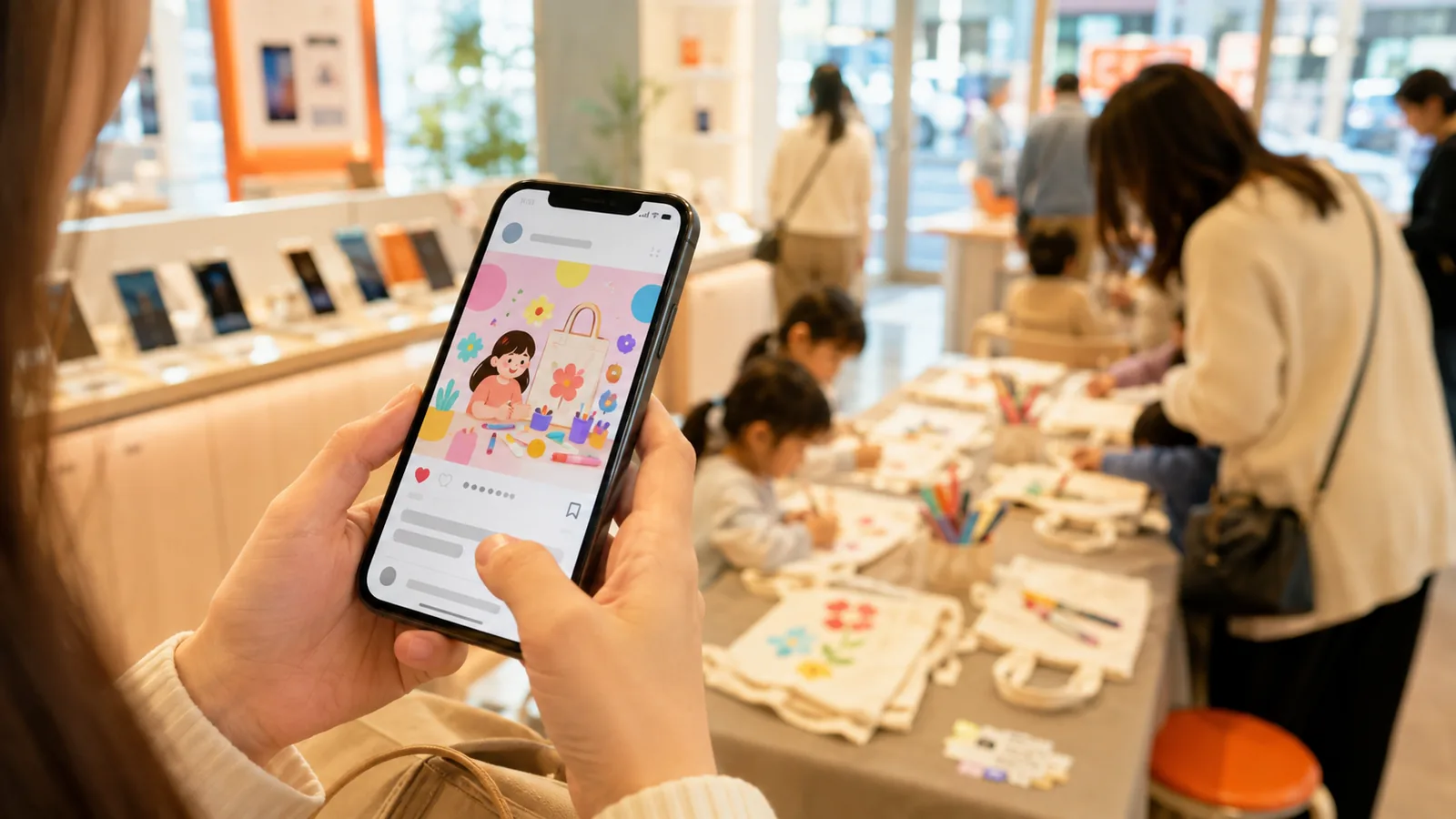 スマートフォンでインフルエンサーのSNS告知を見る様子と、携帯ショップ店内で開催されたぬりえトートバッグ作りワークショップの賑わい